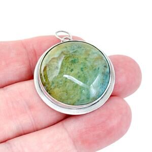 Vintage Sterling Silver 925 Green Jasper Round Pendant